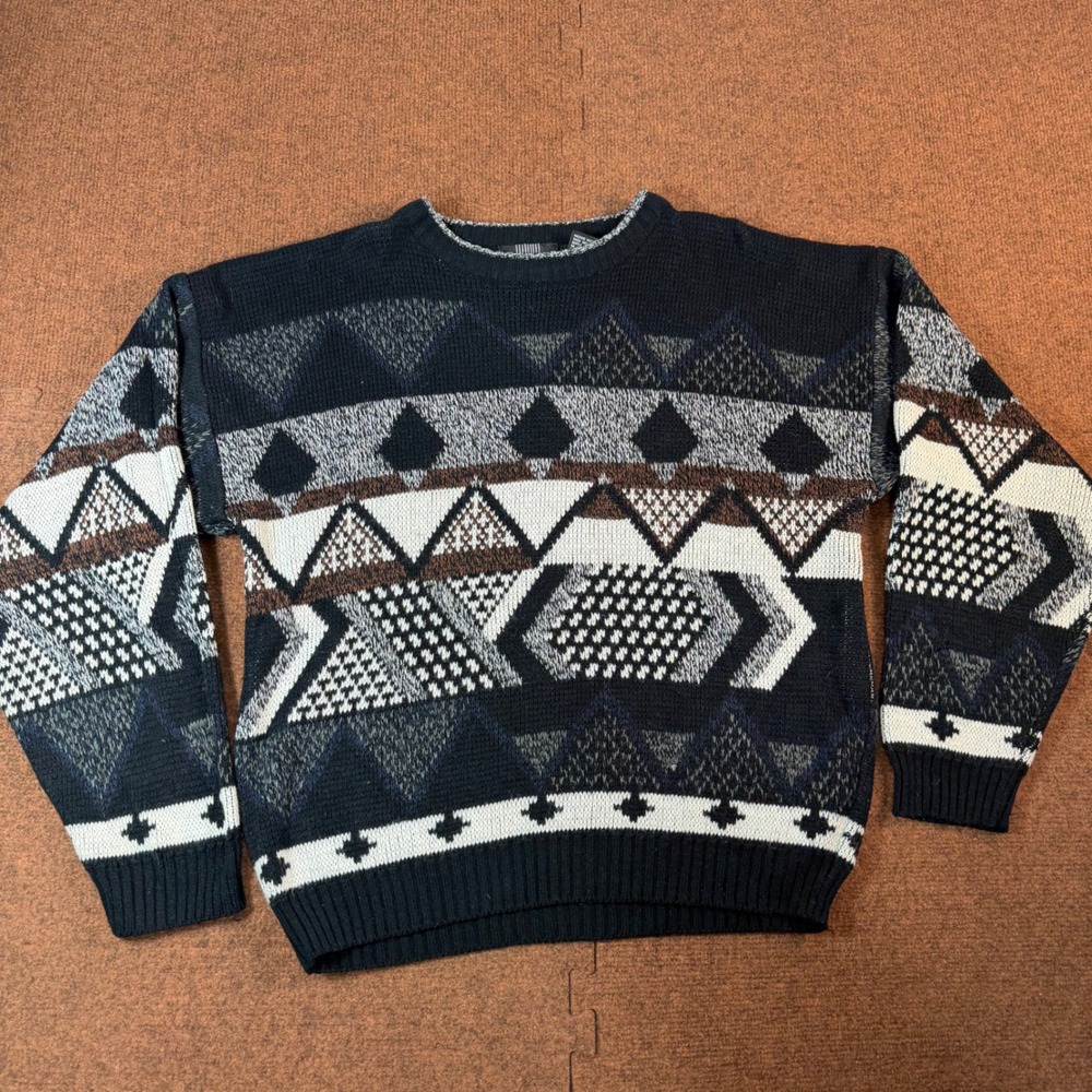 A+ Expressions Vintage Geometric Tribal Knit Sweater Mens Large Black Brown Knit